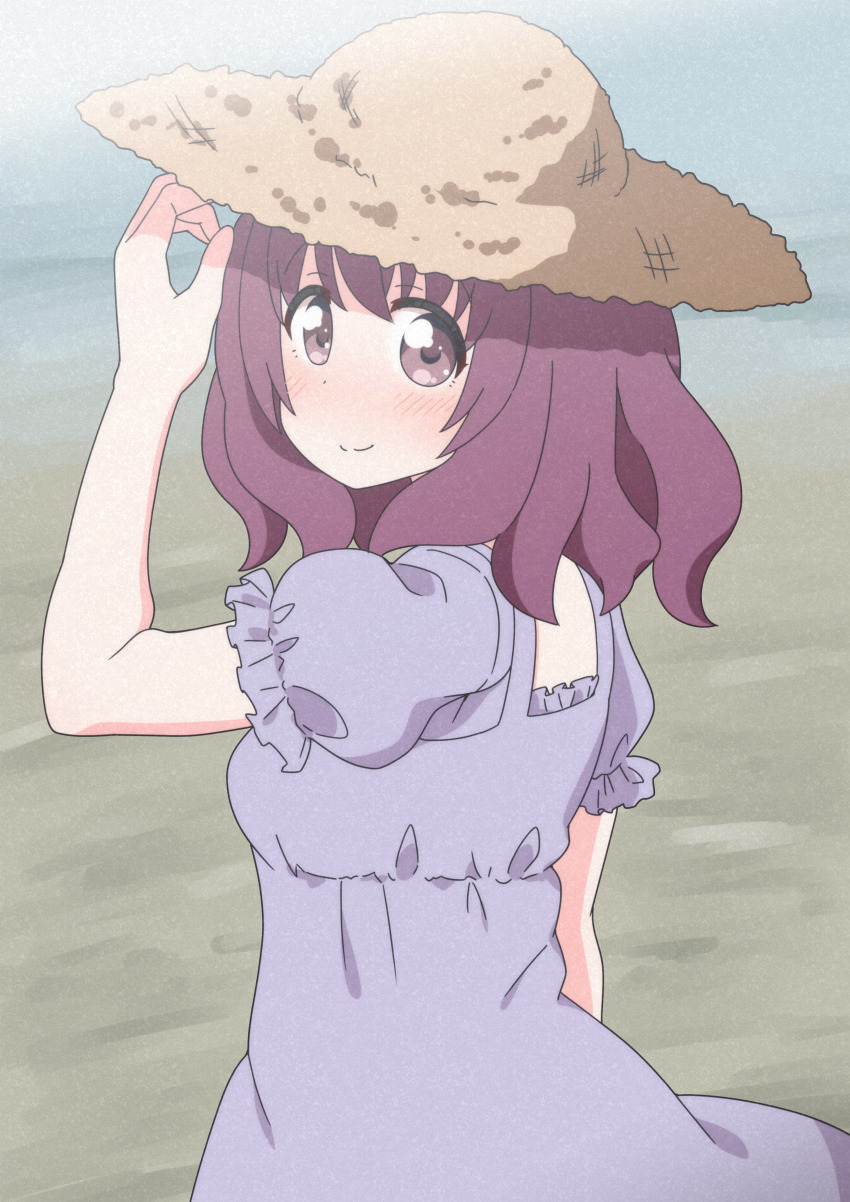 1girl, absurdres, blush, breasts, brown_eyes, closed_mouth, dress, hat