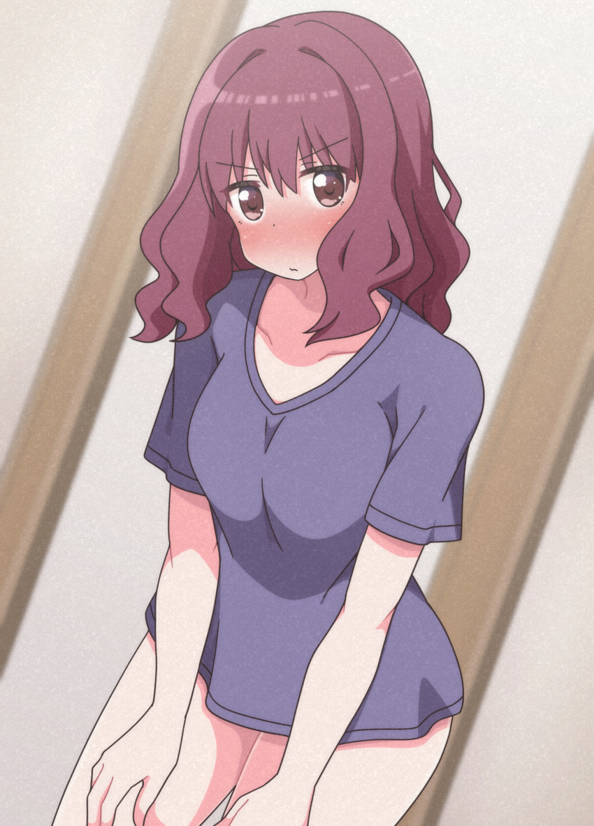 1girl, absurdres, blush, breasts, collarbone, highres, indoors, large_breasts, medium_hair, okaasan_(okaasandx), purple_hair, purple_shirt, shirt, solo, sugiura_ayano's_mother, yuruyuri