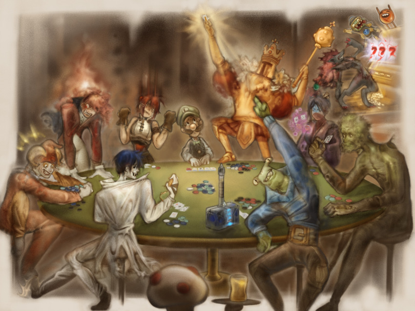 3girls, 6+boys, balatro, blue_hair, blurry, blurry_background, brown_gloves, card, character_request, clenched_hands, colored_skin, commentary, commission, crossover, croupier, dicey_dungeons, egg, english_commentary, gambling, gen_5_pokemon, gloves, green_skin, griftlands, hammer, helmet, highres, holding, holding_card, indoors, inscryption, jimbo_(balatro), king_knight, leshy_(inscryption), luigi, mario_(series), motion_blur, multiple_boys, multiple_crossover, multiple_girls, neon_white, neon_white_(character), nintendo, november32nd, plants_vs._zombies, playing_card, pokemon, pokemon_(creature), poker_chip, potionomics, puffy_sleeves, red_hair, scepter, shovel_knight, sitting, slay_the_spire, slot_machine, smith_(griftlands), super_mario_64_ds, sylvia_(potionomics), table, the_watcher_(slay_the_spire), toad_(mario), white_gloves, zoroark