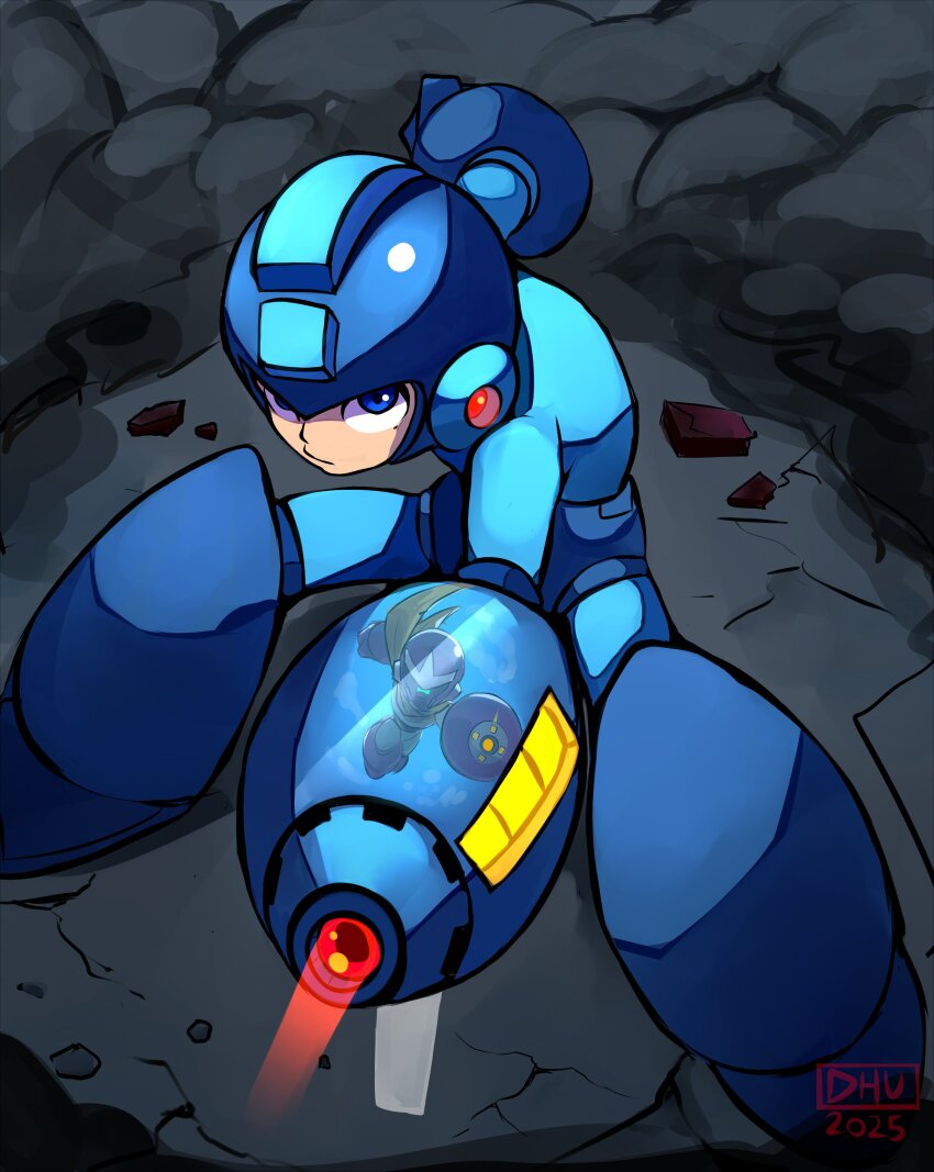 2boys, absurdres, arm_cannon, armor, battle, blue_armor, blue_bodysuit, blue_eyes