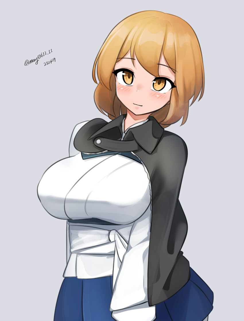 1girl, absurdres, black_cape, blue_skirt, brown_eyes, brown_hair, cape, collared_shirt