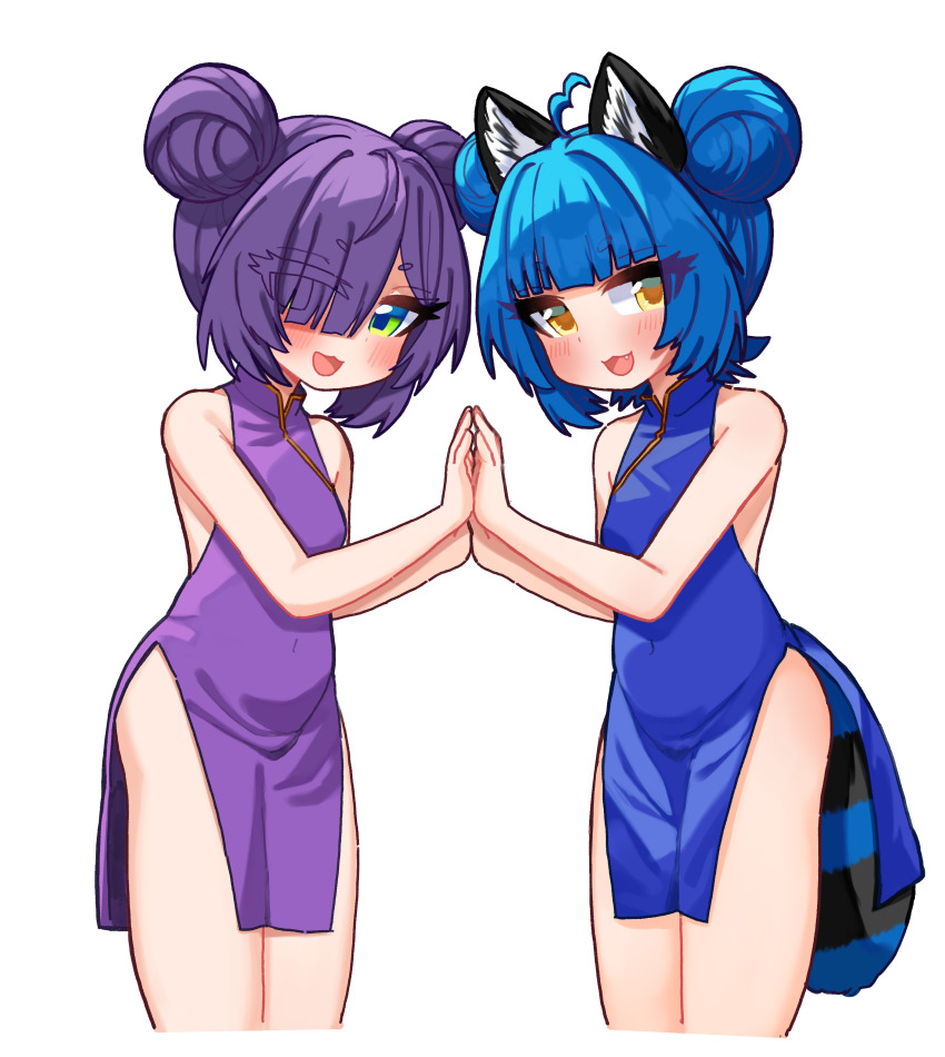 2girls, :3, :d, absurdres, ahoge, animal_ear_fluff, animal_ears, bare_arms