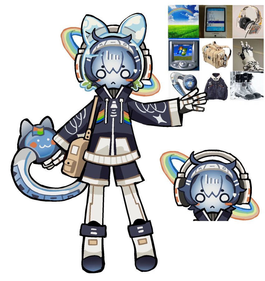 1other, androgynous, animal_ears, bag, blue_hair, blue_jacket, blue_shorts, bomal1215_(style), boots, brown_bag, cat_ears, cat_tail, commentary, commission, cyber_fashion, english_commentary, fake_animal_ears, fashion, helmet, highres, jacket, kalawakan, looking_at_viewer, microsoft_windows, original, other_focus, rainbow, reference_inset, shorts, shoulder_bag, simple_background, solo, space_helmet, straight-on, tail, white_background, white_boots, windows_logo