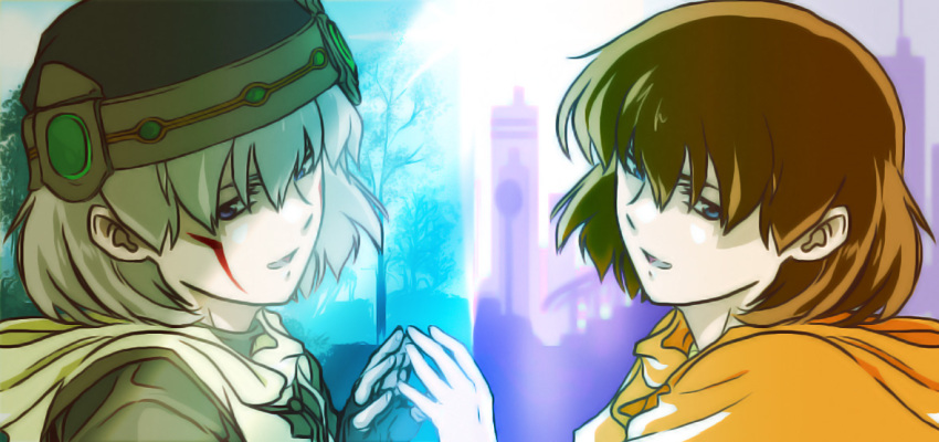.hack//, .hack//sign, 1boy, 1girl, adhemas, blue_background, blue_eyes, brown_gloves