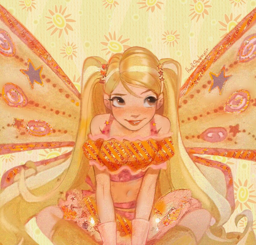 1girl, bare_shoulders, believix, blonde_hair, blush, boots, brown_eyes, commentary, crop_top, english_commentary, fairy, fairy_wings, feet_out_of_frame, frilled_shirt, frilled_skirt, frilled_sleeves, frills, gloves, hair_ornament, happy, highres, knee_boots, knees_apart_feet_together, lipstick, long_hair, looking_to_the_side, magical_girl, makeup, midriff, miniskirt, mixed_media, navel, off-shoulder_shirt, off_shoulder, orange_shirt, orange_skirt, parted_lips, pink_gloves, pink_sports_bra, puffy_short_sleeves, puffy_sleeves, red_lips, shirt, short_sleeves, signature, sitting, skirt, skirt_set, smile, solo, sports_bra, star_(symbol), star_hair_ornament, stardust_axel, stella_(winx_club), striped_background, sun_symbol, swept_bangs, teeth, two_side_up, vertical-striped_background, very_long_hair, wings, winx_club, yellow_background, yellow_boots, yellow_wings