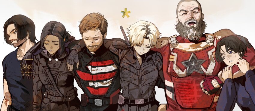 absurdres, beard, black_hair, blonde_hair, blush, brown_hair, bucky_barnes, closed_mouth