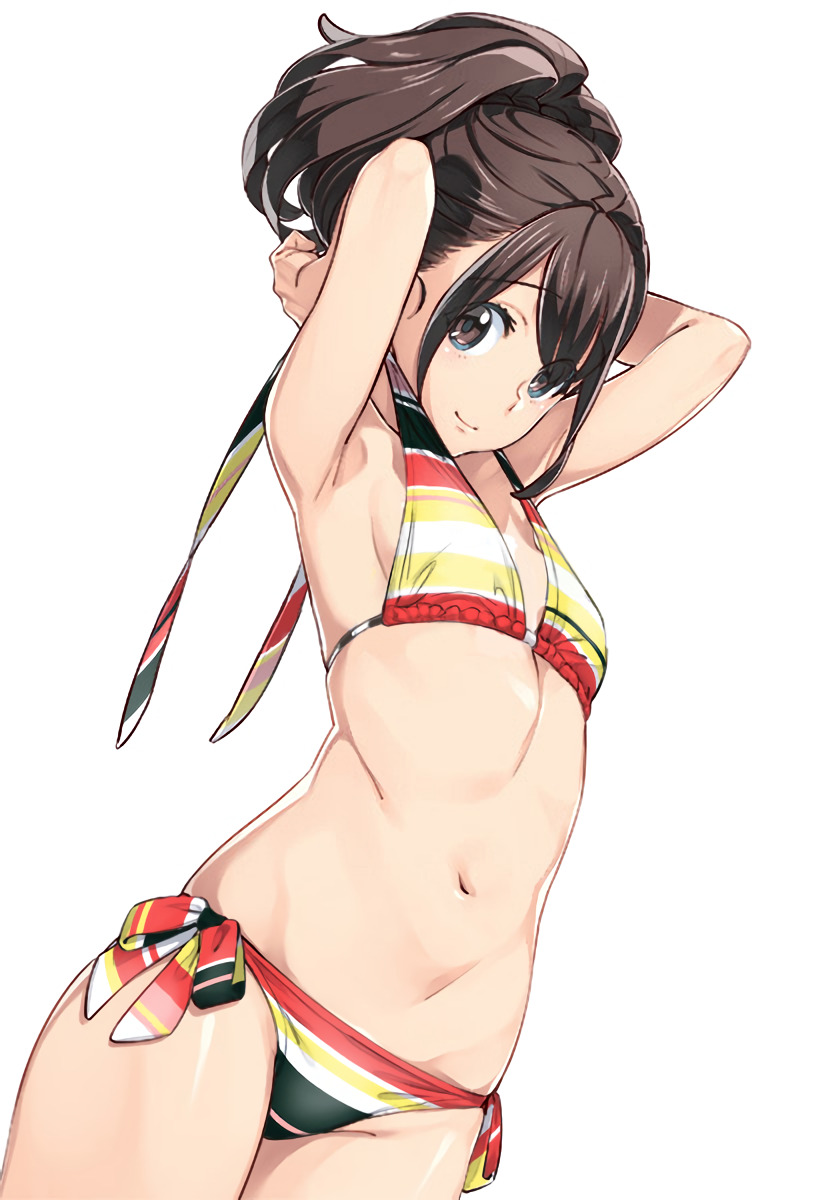 1girl, bikini, breasts, brown_eyes, brown_hair, fukuda_tomonori, groin, hands_in_own_hair