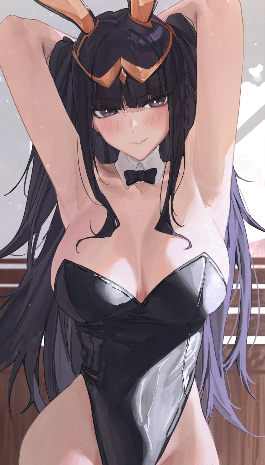 1girl, absurdres, alternate_costume, animal_ears, armpit_focus, armpits, arms_behind_head, black_bow