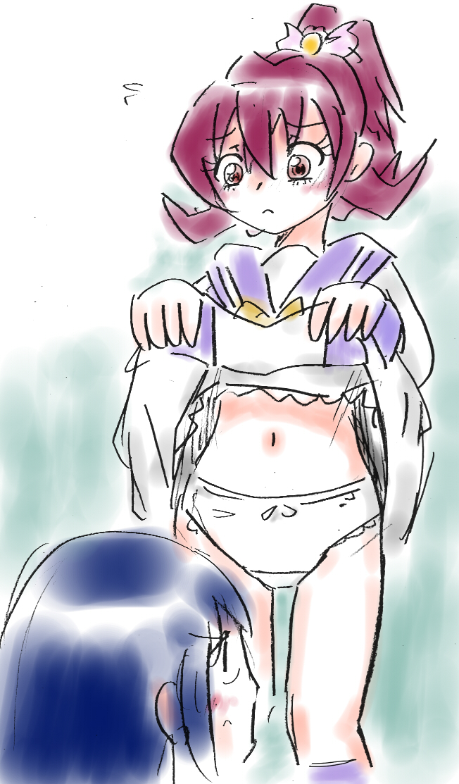 2girls, aida_mana, blue_hair, blue_socks, blush, bow, bow_panties, bowtie