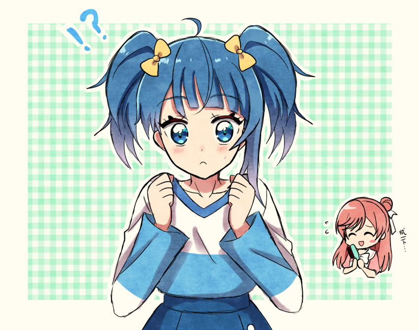 !?, 2girls, alternate_hairstyle, blue_eyes, blue_hair, blue_shirt, blue_skirt, bow