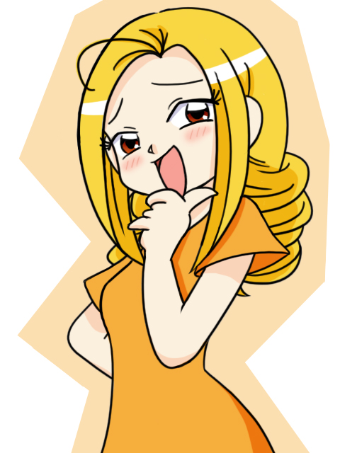 1girl, blonde_hair, brown_eyes, drill_hair, hand_on_chin, laughing, looking_at_viewer, ojamajo_doremi