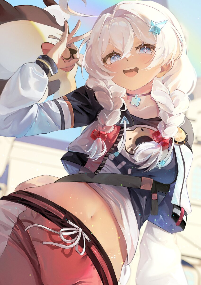 1girl, black_choker, black_shirt, blue_eyes, blue_shirt, braid, braided_twintails, character_check