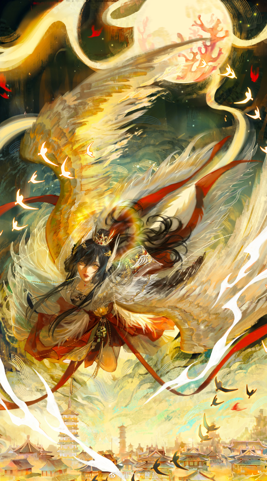 1girl, absurdres, angel, angel_wings, architecture, black_hair, building, chinese_clothes