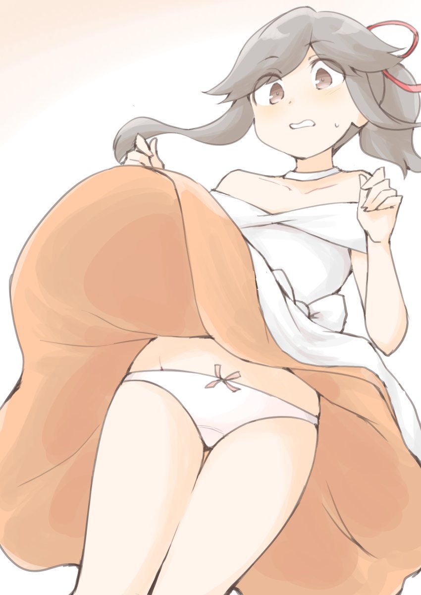 1girl, akara_kai, brown_eyes, dated, dress, grey_hair, hair_ribbon, highres, kantai_collection, layered_dress, long_hair, official_alternate_costume, orange_ribbon, panties, pantyshot, ponytail, ribbon, solo, sweatdrop, twitter_username, two-tone_dress, underwear, usugumo_(anniversary)_(kancolle), usugumo_(kancolle), white_background, white_dress, white_panties, wind, wind_lift