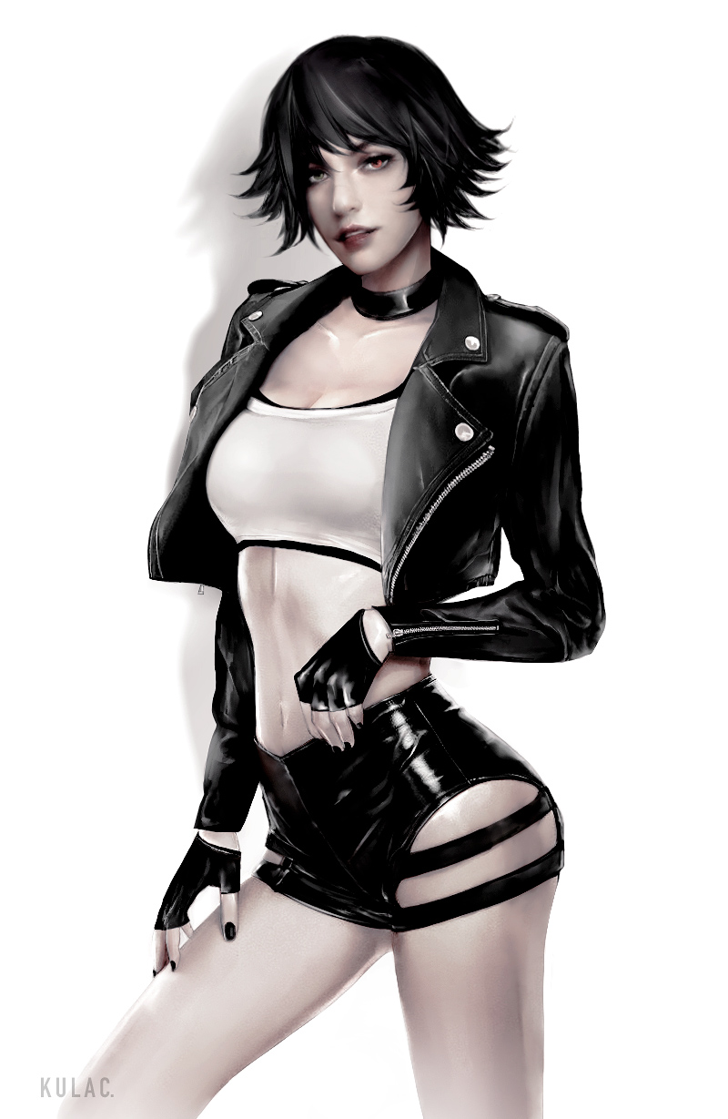 1girl, black_choker, black_gloves, black_hair, black_jacket, black_nails, choker, crop_top