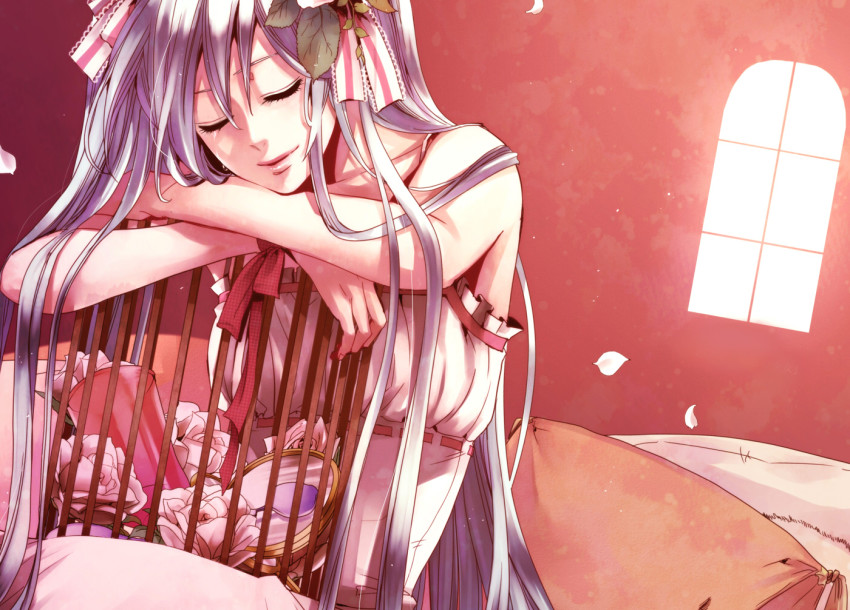 1girl, aqua_hair, bad_id, bad_pixiv_id, cage, clockworker's_doll, closed_eyes, dress, evillious_nendaiki, female_focus, flower, hair_flower, hair_ornament, hair_ribbon, hakoniwa_no_shoujo_(vocaloid), hatsune_miku, houtei_no_nushi, long_hair, michelle_marlon, ribbon, smile, solo, suzunosuke_(sagula), vocaloid