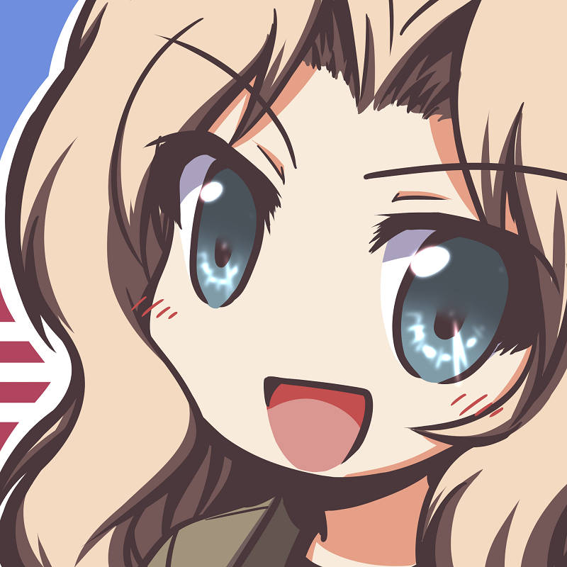 1girl, :d, american_flag, american_flag_background, blonde_hair, blue_eyes, blush, brown_jacket
