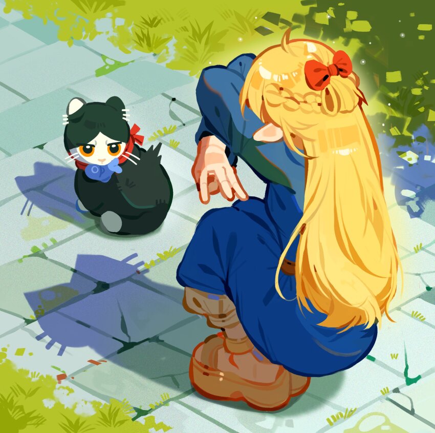 0waff537, 1girl, animalization, blonde_hair, blue_capelet, blue_robe, boots, bow, brick_road, brown_boots, capelet, cat, cat_shadow_puppet_(meme), double_w, dungeon_meshi, elf, fish, food_in_mouth, grass, hair_bow, hands_up, highres, izutsumi, long_hair, looking_at_another, marcille_donato, mouth_hold, outdoors, photo-referenced, pointy_ears, red_bow, robe, shadow, squatting, w