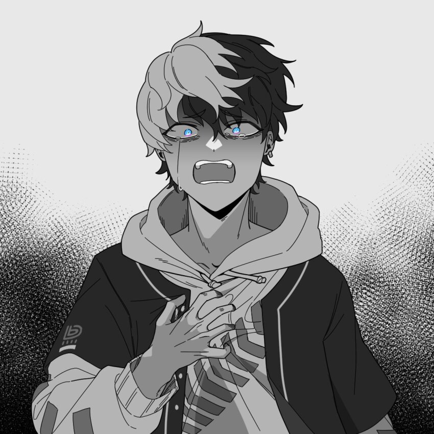 1boy, bags_under_eyes, blue_eyes, clutching_chest, crying, crying_with_eyes_open, drawstring, ear_piercing, greyscale, hair_between_eyes, hand_on_own_chest, highres, hood, hoodie, jacket, korean_commentary, kuronaka_yo, liam1234_d, male_focus, monochrome, multicolored_hair, piercing, short_hair, solo, spot_color, straight-on, tears, tribe_nine, two-tone_hair, upper_body