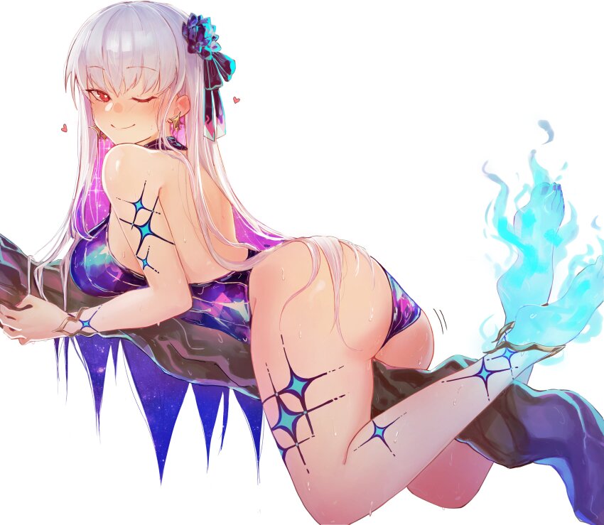 1girl, absurdres, barefoot, blue_fire, blush, body_markings, bracelet, breasts