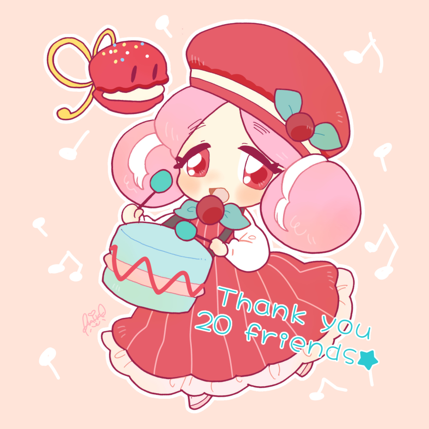 1girl, bow, braid, braided_bun, castanets_(cookie_run), cookie_run, cookie_run:_ovenbreak, double_bun, dress, food, hair_bun, happy, hat, highres, humanization, looking_at_viewer, macaron, macaron_cookie, open_mouth, pink_hair, red_eyes, shiro_(tiotolv), smile, solo