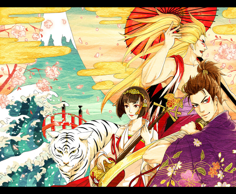 bare_pectorals, blonde_hair, bridge, brown_eyes, brown_hair, detached_sleeves, eyeshadow, fine_art_parody