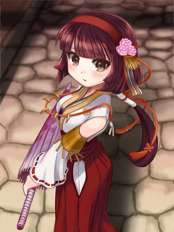 blunt_bangs, blush, brown_eyes, brown_hair, detached_sleeves, hairband, hakama, japanese_clothes