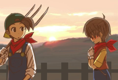 1boy, 1girl, bandana, blush, brown_eyes, brown_hair, fence, gloves, harvest_moon, hat, holding, holding_pitchfork, lowres, overalls, own_hands_together, pete_(bokujou_monogatari), pitchfork, profile, sara_(bokujou_monogatari), short_hair, sunset, suspenders