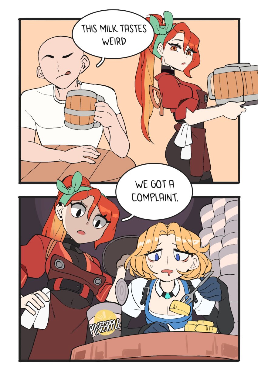 1boy, 2girls, absurdres, bags_under_eyes, blonde_hair, blue_eyes, breasts, cleavage