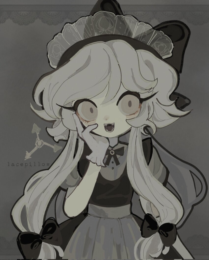 1girl, absolute_solver_(murder_drones), apron, arm_at_side, artist_name, black_bow, black_bowtie, black_dress