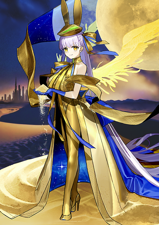 1girl, absurdly_long_hair, animal_hat, back_ribbon, backless_outfit, bare_shoulders, bb_(fate), blue_gloves, blue_ribbon, breasts, closed_mouth, desert, fate/grand_order, fate_(series), feathered_wings, floating_clothes, from_side, full_body, game_cg, gloves, gold_hat, gold_leotard, gold_ribbon, gold_shawl, gold_shoes, gold_skirt, golden_bb_(fate), hair_ribbon, halterneck, hands_up, hat, high_heels, holding, large_breasts, leotard, long_hair, long_ribbon, long_sidelocks, long_skirt, looking_at_viewer, moon_(ornament), neck_ribbon, official_art, own_hands_together, pantyhose, pumps, purple_hair, rabbit_hat, ribbon, sand, shoes, showgirl_skirt, sidelocks, single_sidelock, skirt, skyline, smile, solo, spoilers, stiletto_heels, third-party_source, train_(clothing), two-sided_ribbon, v-shaped_eyebrows, very_long_hair, wada_arco, wings, yellow_eyes, yellow_pantyhose, yellow_theme, yellow_wings