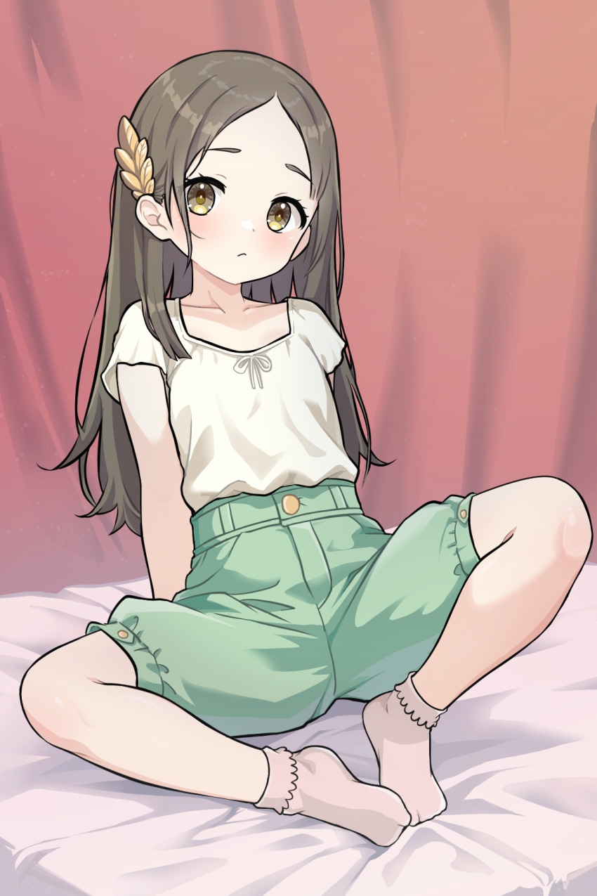 1girl, bed_sheet, blush, bobby_socks, brown_eyes, brown_hair, closed_mouth, collarbone