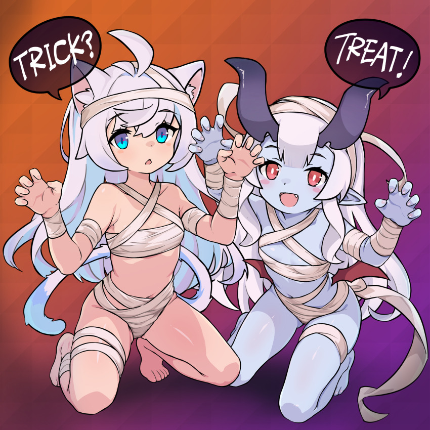 2girls, ahoge, animal_ears, arum_(world_flipper), bandaged_arm, bandages, barefoot, blue_eyes, blue_skin, blush, cat_ears, cat_tail, claw_pose, colored_skin, couette_(world_flipper), eyelashes, fang, flat_chest, gradient_background, grey_hair, highres, horns, long_hair, multiple_girls, mummy_costume, mwm5, open_mouth, red_eyes, speech_bubble, squatting, tail, trick_or_treat, world_flipper