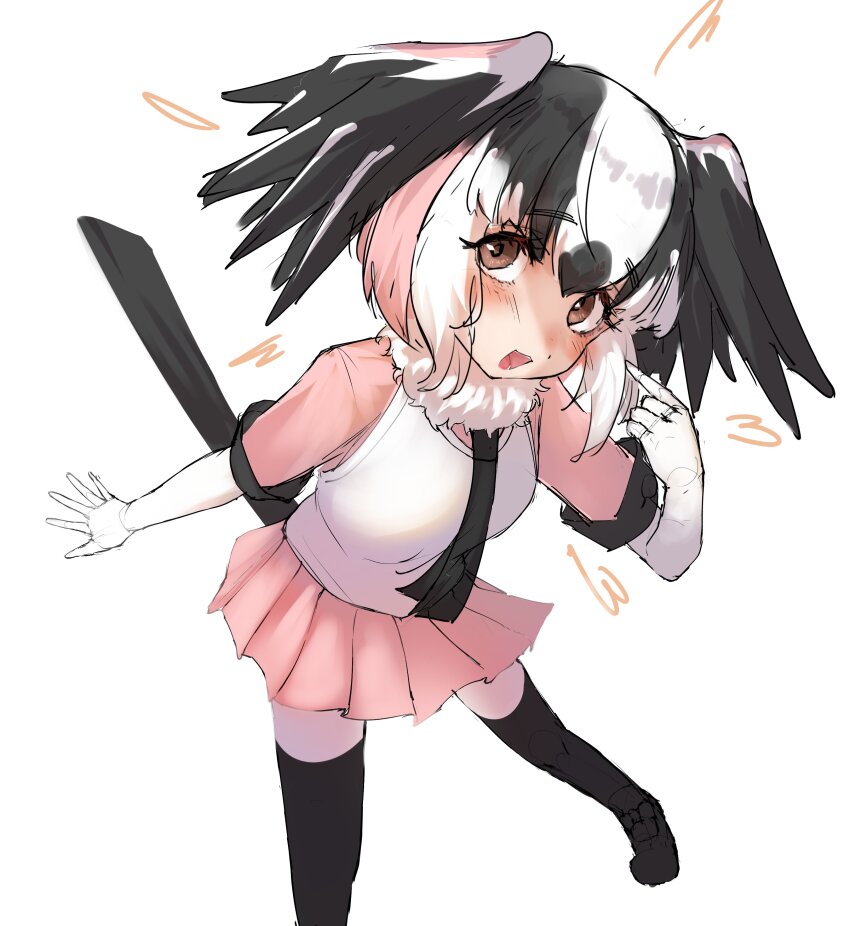 1girl, :3, absurdres, bird_girl, bird_tail, bird_wings, black_hair, black_necktie, black_trim, blush, brown_eyes, brown_thighhighs, elbow_gloves, fur_collar, gloves, head_wings, highres, kemono_friends, long-tailed_tit_(kemono_friends), multicolored_hair, necktie, pink_hair, pink_shirt, pink_skirt, pleated_skirt, pointing, pointing_at_self, shirt, short_hair, short_sleeves, skirt, solo, t-shirt, tail, takara_(takara0508), thighhighs, vest, white_fur, white_gloves, white_hair, white_vest, wings, zettai_ryouiki