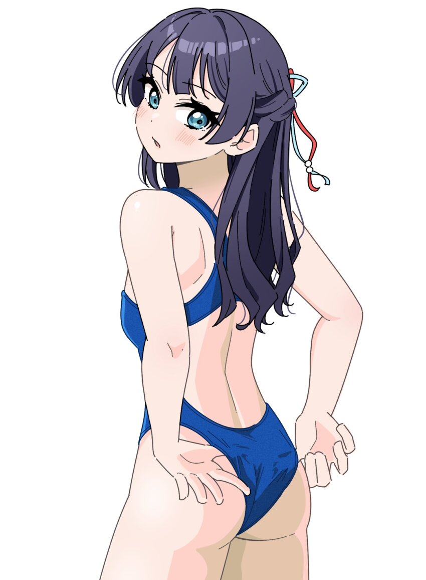 1girl, adjusting_clothes, adjusting_swimsuit, ass, bare_shoulders, blue_eyes, blue_one-piece_swimsuit, blue_ribbon, blush, braid, breasts, commentary_request, competition_swimsuit, cowboy_shot, hair_ribbon, half_up_braid, half_updo, highres, link!_like!_love_live!, llkapital, looking_at_viewer, looking_back, love_live!, median_furrow, murano_sayaka, murano_sayaka_(swimsuit), official_alternate_costume, one-piece_swimsuit, parted_lips, purple_hair, racerback, red_ribbon, ribbon, simple_background, small_breasts, solo, standing, swimsuit, virtual_youtuber, white_background