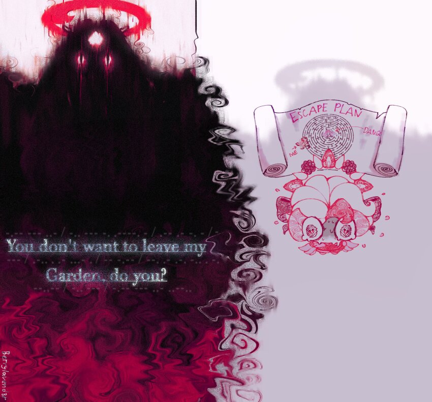 1boy, 1girl, berrylavend3r, biblically_accurate_angel, cookie_run, cookie_run:_kingdom, english_text, eternal_sugar_cookie, halo, highres, horror_(theme), map, pavlova_cookie, scared, slit_pupils, sweatdrop, too_many_eyes