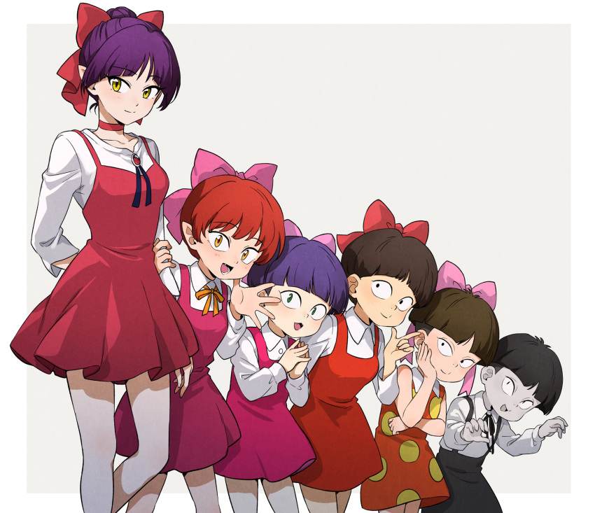 1girl, bob_cut, bow, breasts, brown_hair, choker, dress, gegege_no_kitarou, green_eyes, hair_bow, hand_on_own_cheek, hand_on_own_face, height_difference, highres, long_sleeves, looking_at_viewer, monochrome, multiple_girls, nekomusume, nekomusume_(gegege_no_kitarou_1), nekomusume_(gegege_no_kitarou_2), nekomusume_(gegege_no_kitarou_3), nekomusume_(gegege_no_kitarou_4), nekomusume_(gegege_no_kitarou_5), nekomusume_(gegege_no_kitarou_6), pink_bow, pointy_ears, polka_dot, polka_dot_dress, purple_eyes, red_bow, red_choker, red_dress, red_hair, short_hair, silanduqiaocui, white_bow, yellow_eyes