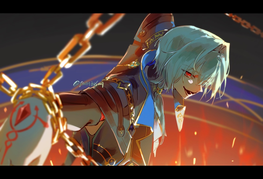 1boy, anaxa_(honkai:_star_rail), aqua_hair, black_jacket, chain, chained, eyepatch, hand_tattoo