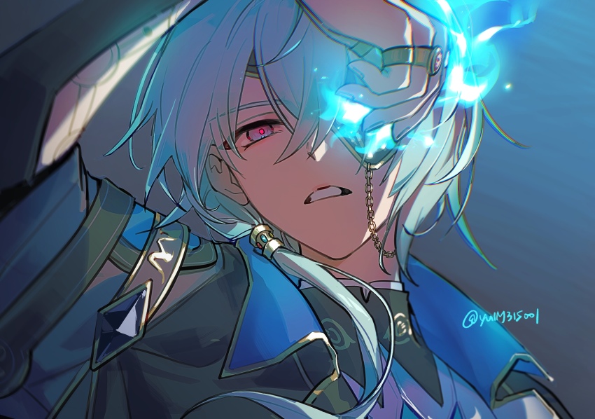 1boy, anaxa_(honkai:_star_rail), aqua_hair, arm_up, black_jacket, eyepatch, highres, honkai:_star_rail