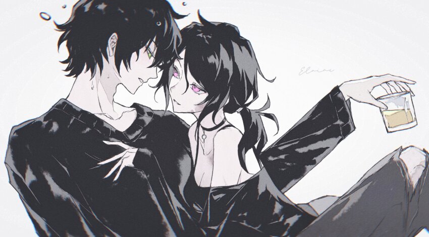 1boy, 1girl, air_bubble, andrew_graves, artist_name, ashley_graves, black_choker, black_hair