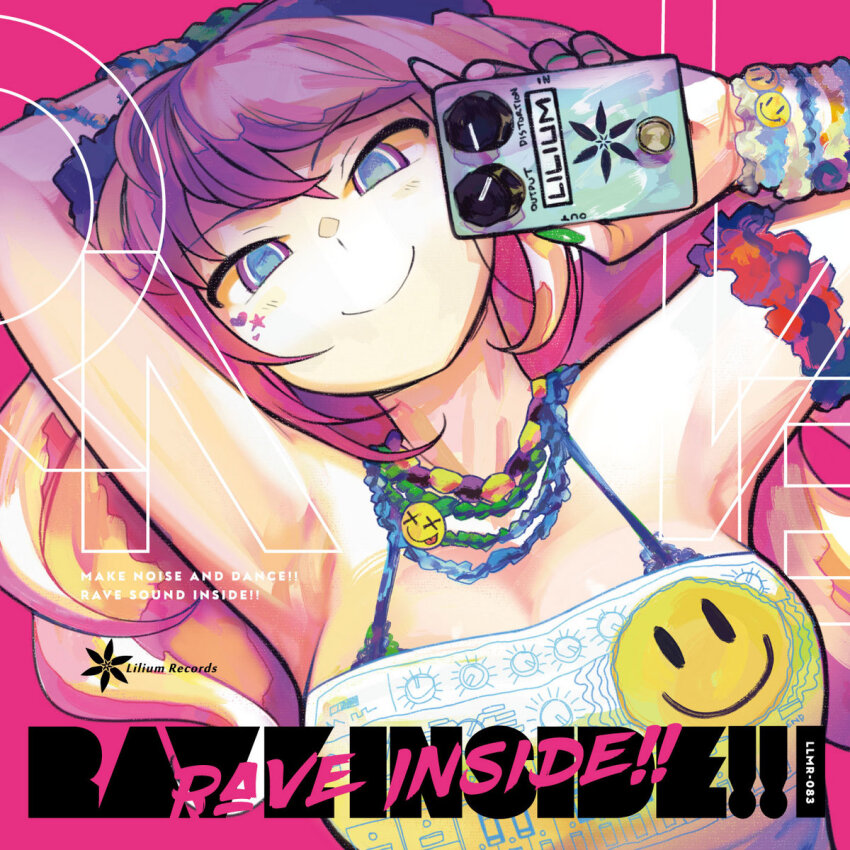 1girl, album_cover, armpits, arms_up, bead_bracelet, bead_necklace, beads, blue_pupils, bracelet, breasts, cleavage, cover, english_text, highres, holding, j-core, jewelry, lilium_records, long_hair, looking_at_viewer, medium_breasts, necklace, object_request, official_art, purple_eyes, purple_hair, raver, second-party_source, smile, smiley_face, solo, strapless, tube_top, white_tube_top, woofycakes