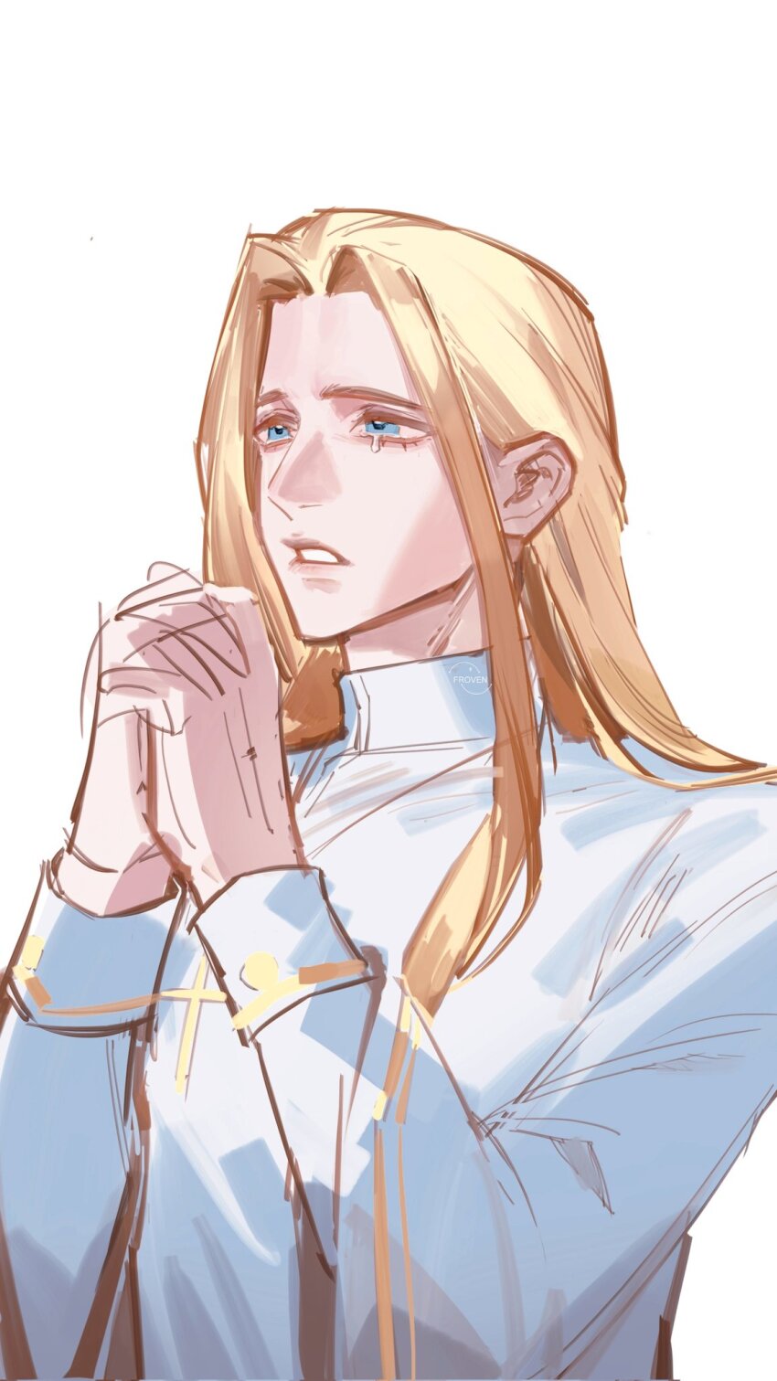 1boy, blonde_hair, blue_eyes, crying, crying_with_eyes_open, degrees_of_lewdity, froventale, highres, jacket, jordan_(degrees_of_lewdity), jordan_(male)_(degrees_of_lewdity), long_hair, own_hands_clasped, own_hands_together, priest, simple_background, solo, tears, upper_body, white_background, white_jacket