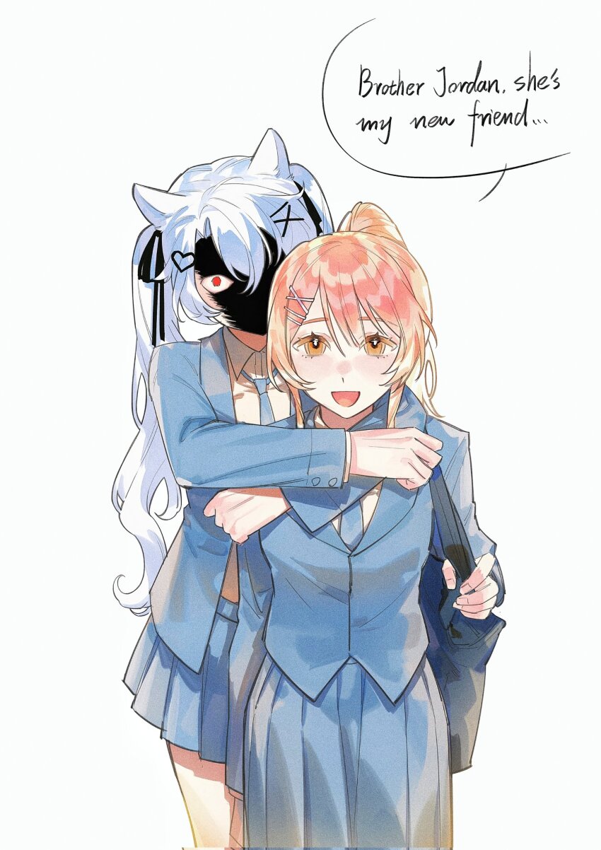 2girls, animal_ears, blue_jacket, blue_necktie, blue_skirt, brown_eyes, brown_hair, collared_shirt