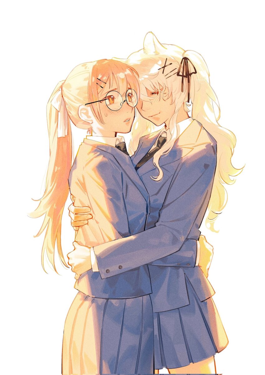 2girls, black_necktie, blue_jacket, blue_skirt, bright_background, brown_eyes, brown_hair, closed_eyes