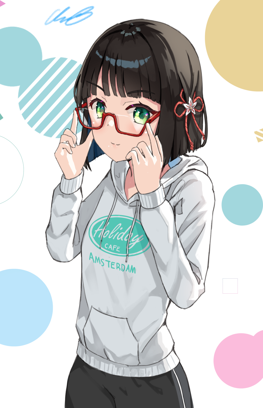 1girl, bespectacled, black_hair, black_shorts, blunt_bangs, blunt_ends, bob_cut, closed_mouth