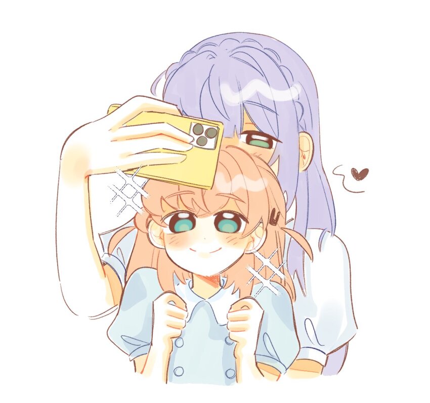 2girls, aqua_eyes, baboomasu, blush, braid, buttons, cellphone, cerise_bouquet