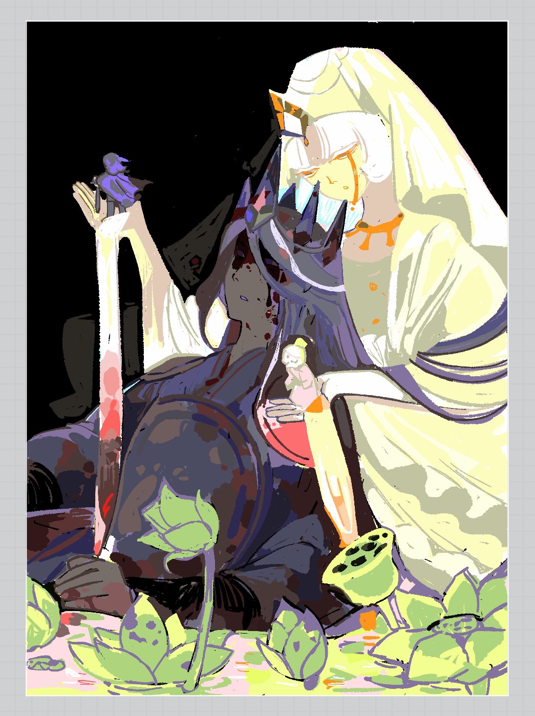 1boy, 1girl, blood, blood_on_clothes, blood_on_face, chinese_clothes, closed_eyes, cookie_run