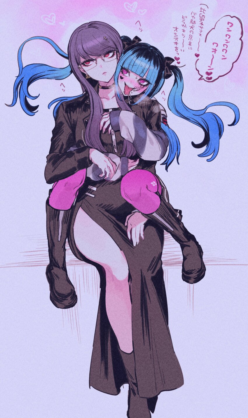 2girls, absurdres, amemiya_darumi, blue_hair, boots, bow, colored_tips, hair_bow, highres, leggings, long_hair, multicolored_hair, multiple_girls, pink_eyes, pink_leggings, purple_hair, red_eyes, shizuhara_hiruko, side_slit, the_hundred_line_-last_defense_academy-, twintails, yuri, zuzuko