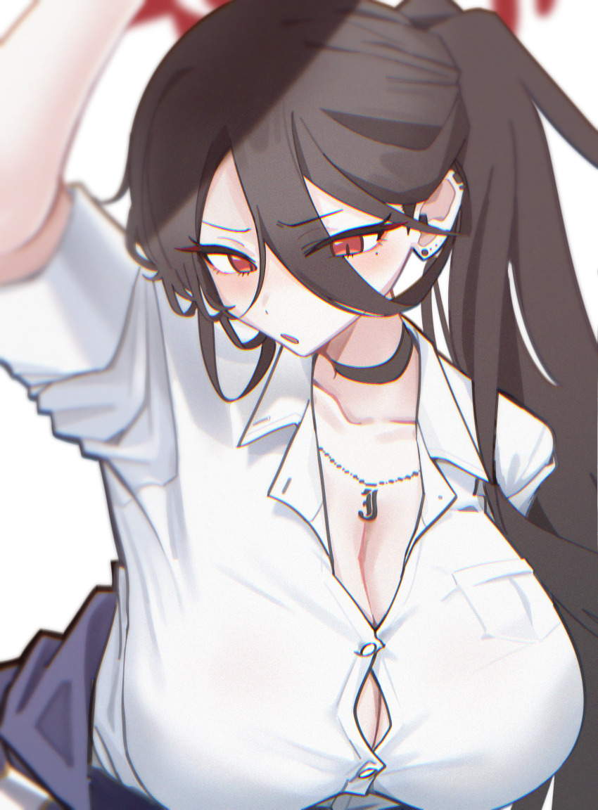 1girl, absurdres, black_hair, blue_archive, breasts, choker, cleavage, commentary