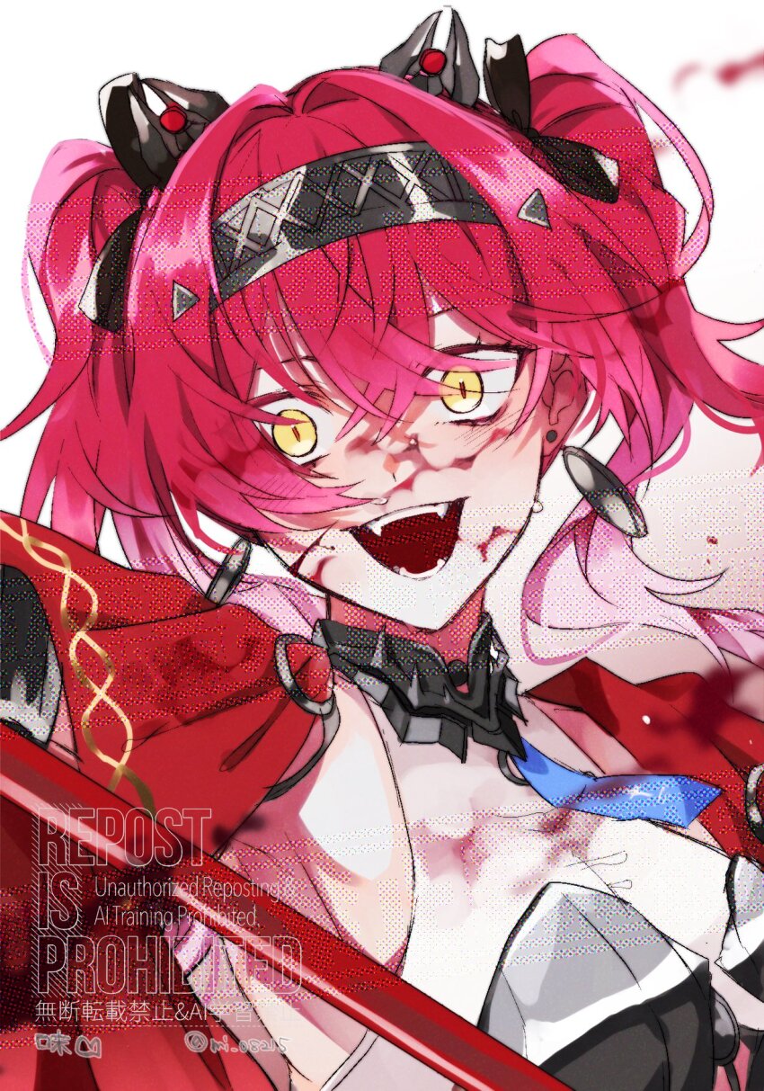 1girl, armor, armpits, blood, blue_necktie, bodysuit, bow, breastplate